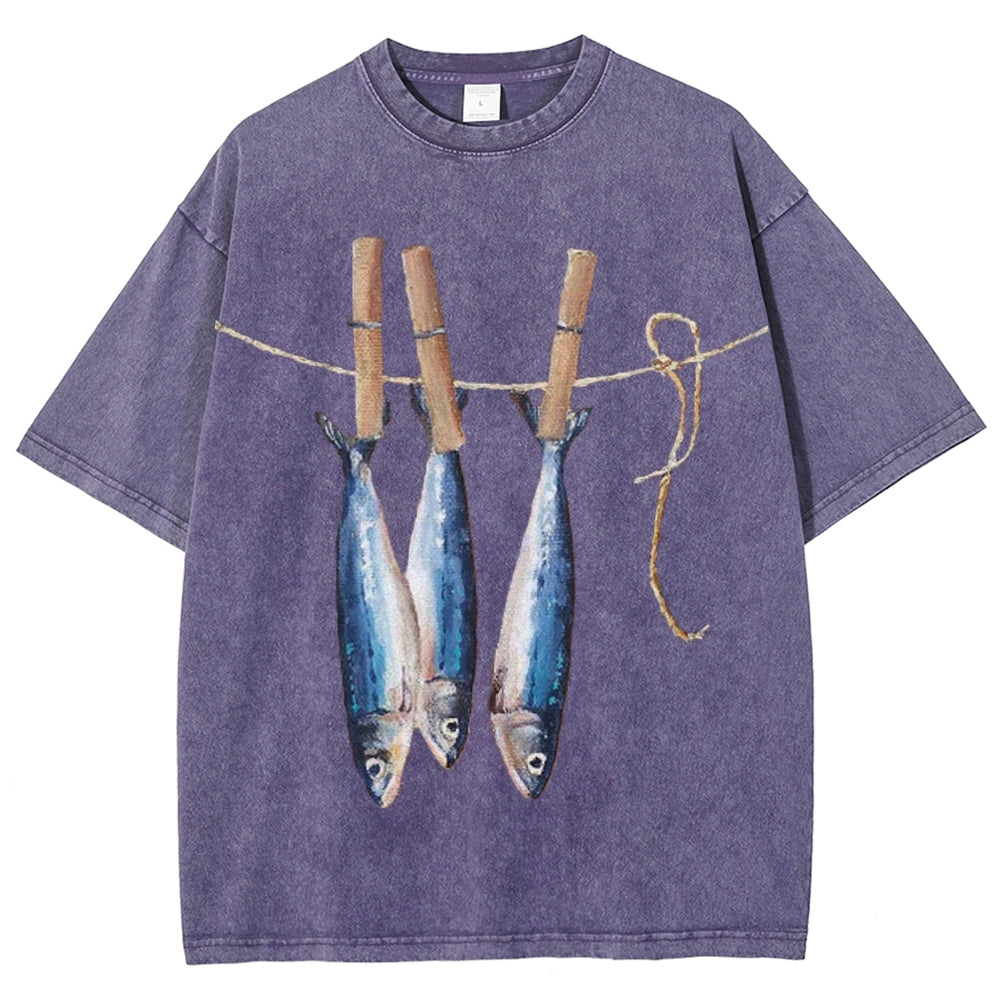 Unisex Sardines Printed Casual Washed T-shirt