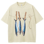 Unisex Sardines Printed Casual Washed T-shirt