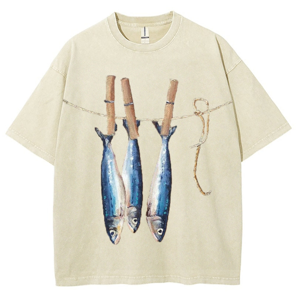 Unisex Sardines Printed Casual Washed T-shirt