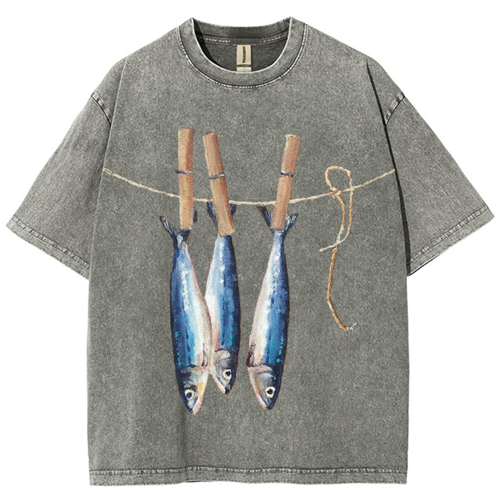 Unisex Sardines Printed Casual Washed T-shirt