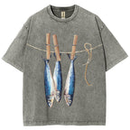 Unisex Sardines Printed Casual Washed T-shirt