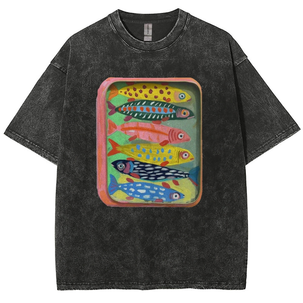 Unisex Canned Sardines Printed Casual Washed T-shirt