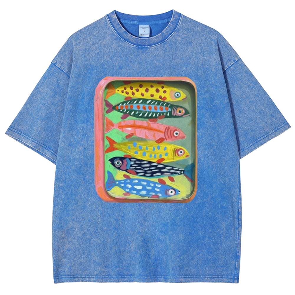Unisex Canned Sardines Printed Casual Washed T-shirt