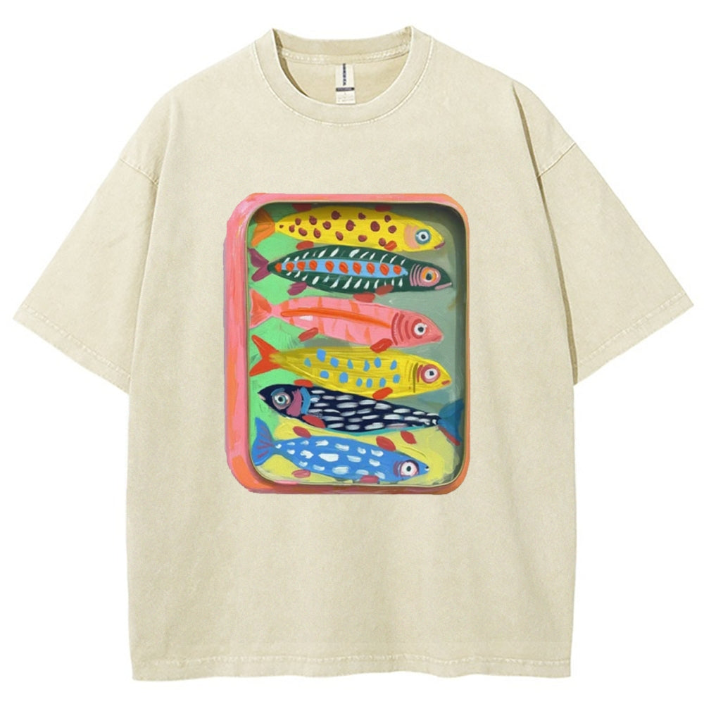 Unisex Canned Sardines Printed Casual Washed T-shirt