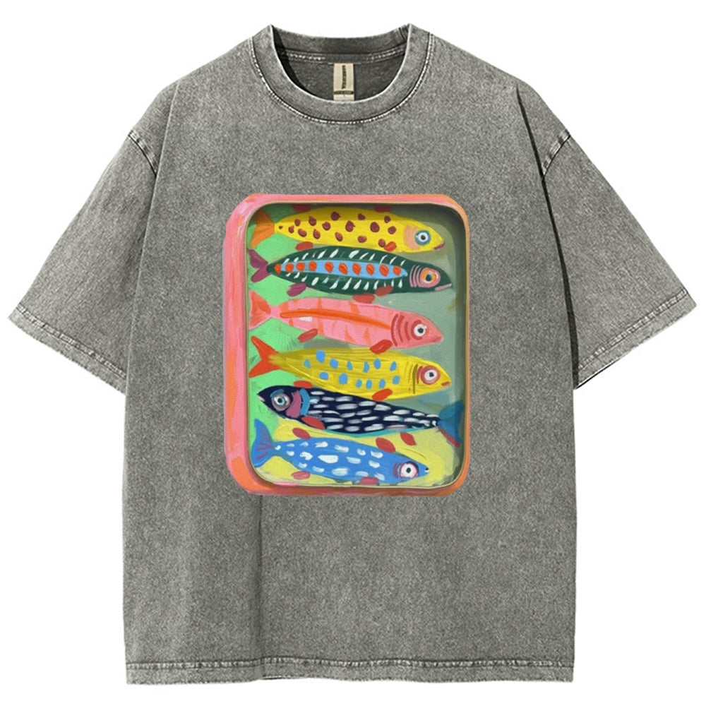 Unisex Canned Sardines Printed Casual Washed T-shirt