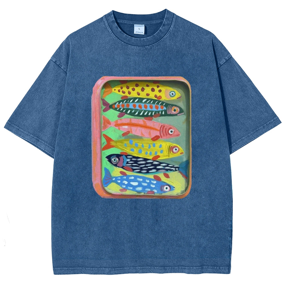 Unisex Canned Sardines Printed Casual Washed T-shirt