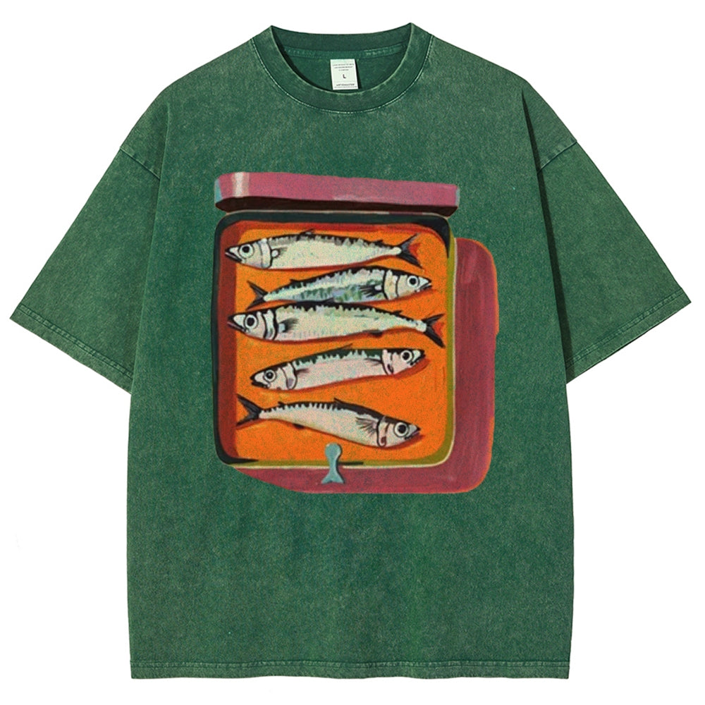 Unisex Canned Sardines Printed Casual Washed T-shirt