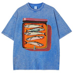 Unisex Canned Sardines Printed Casual Washed T-shirt
