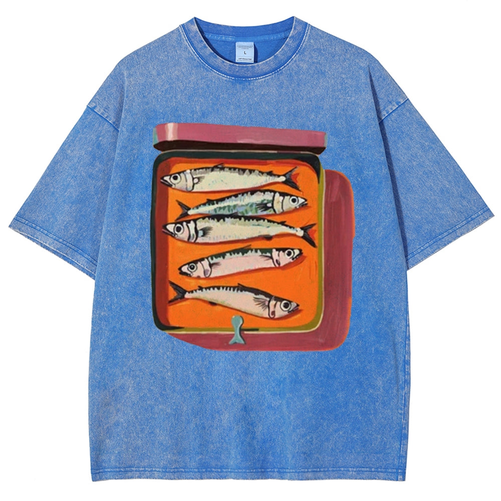 Unisex Canned Sardines Printed Casual Washed T-shirt