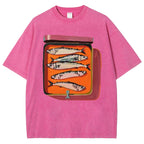 Unisex Canned Sardines Printed Casual Washed T-shirt
