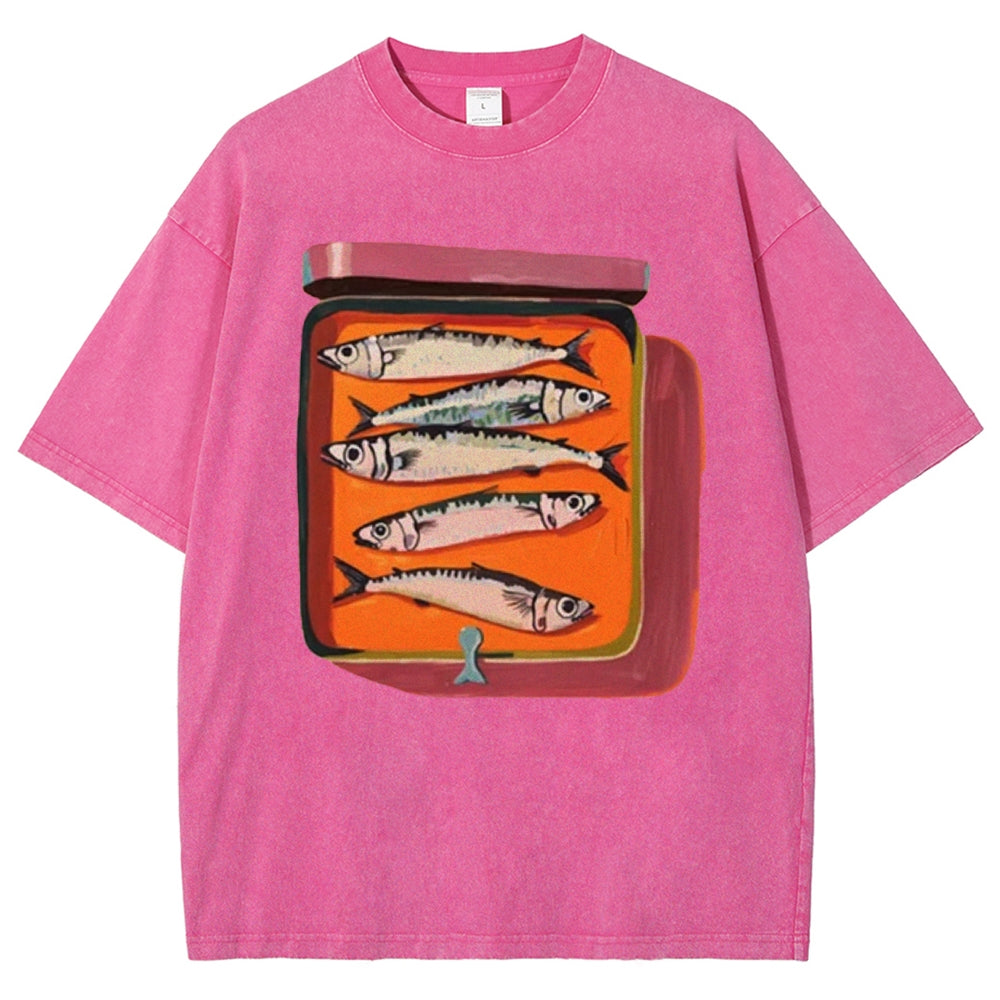 Unisex Canned Sardines Printed Casual Washed T-shirt
