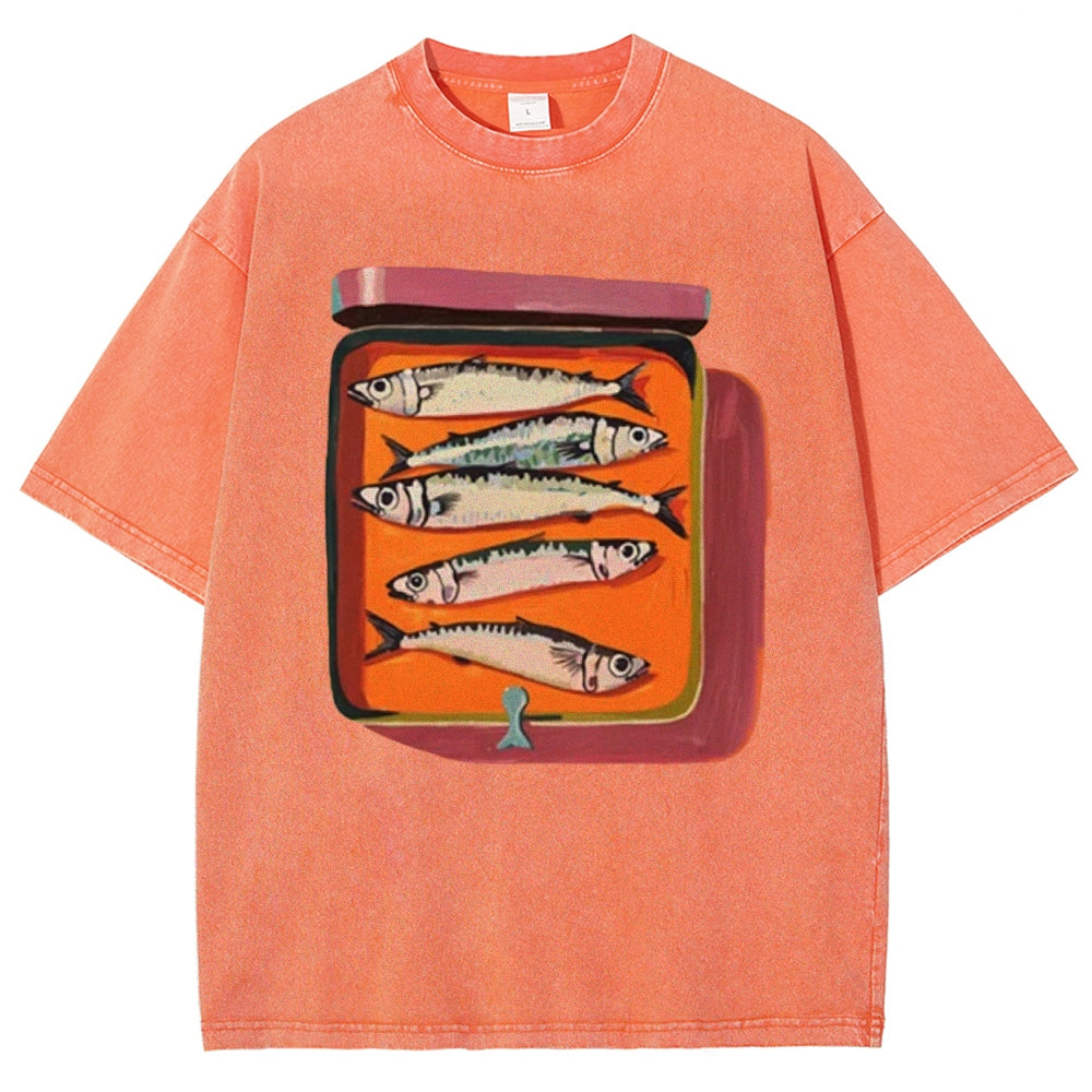 Unisex Canned Sardines Printed Casual Washed T-shirt