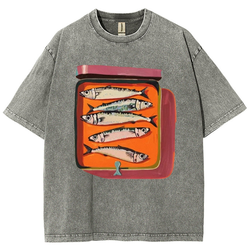 Unisex Canned Sardines Printed Casual Washed T-shirt