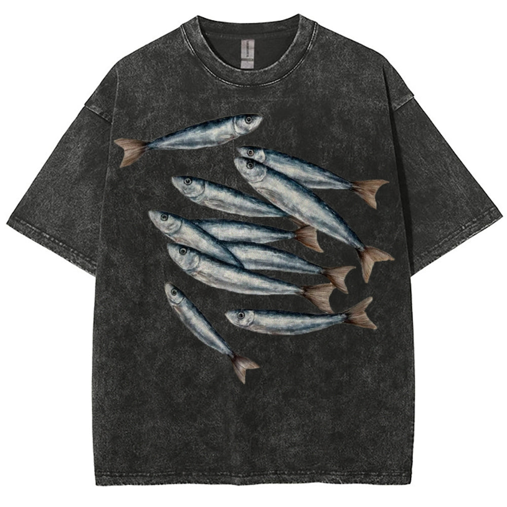 Unisex Sardines Printed Casual Washed T-shirt
