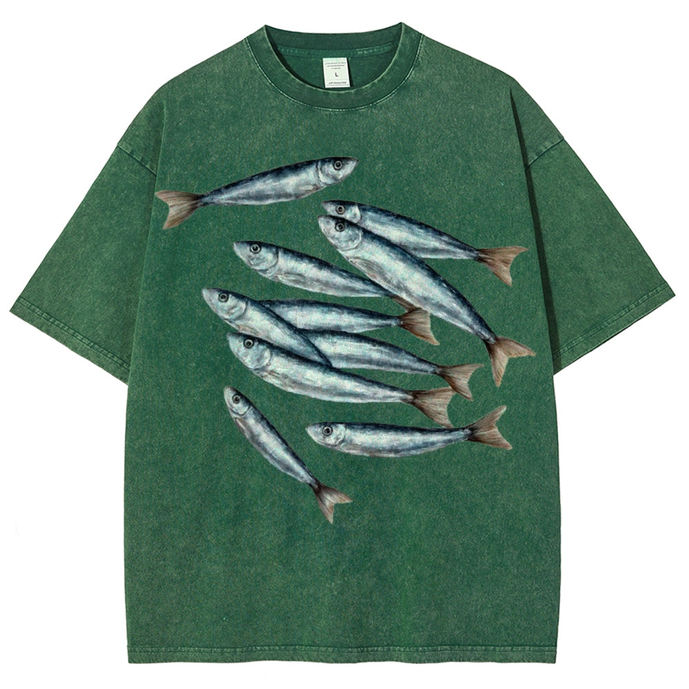 Unisex Sardines Printed Casual Washed T-shirt