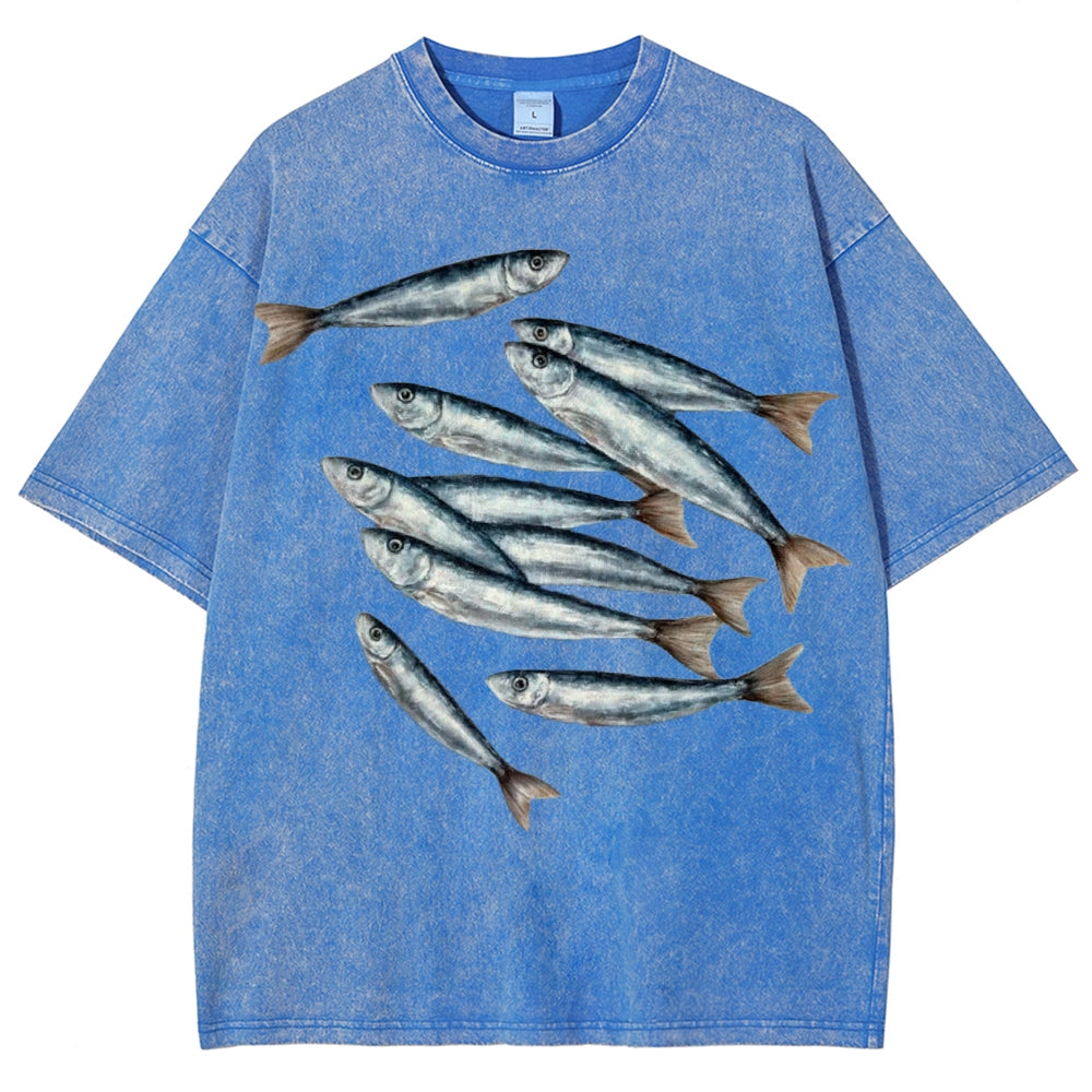 Unisex Sardines Printed Casual Washed T-shirt