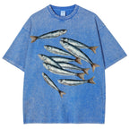 Unisex Sardines Printed Casual Washed T-shirt