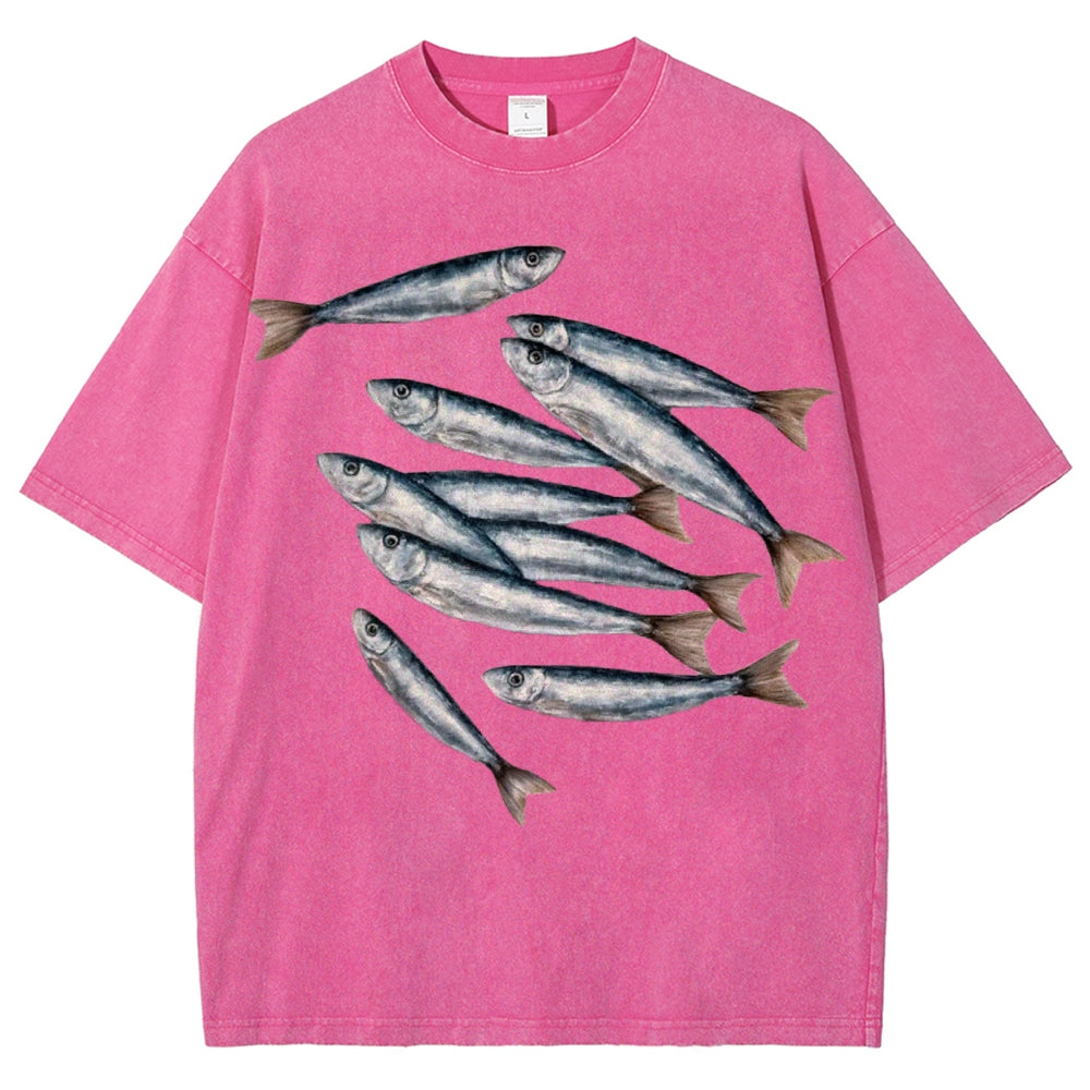 Unisex Sardines Printed Casual Washed T-shirt