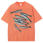 Unisex Sardines Printed Casual Washed T-shirt