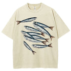 Unisex Sardines Printed Casual Washed T-shirt