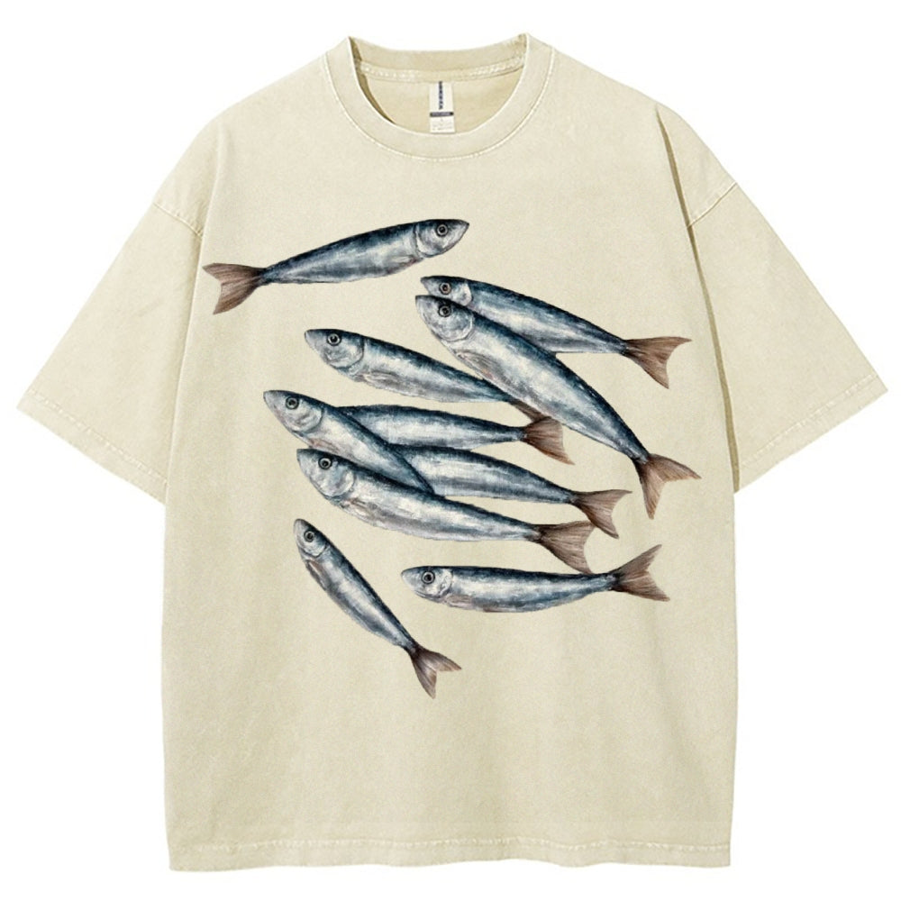 Unisex Sardines Printed Casual Washed T-shirt