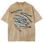 Unisex Sardines Printed Casual Washed T-shirt