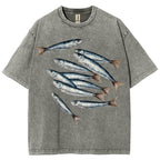 Unisex Sardines Printed Casual Washed T-shirt