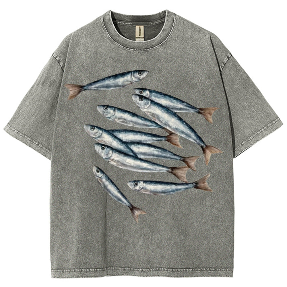 Unisex Sardines Printed Casual Washed T-shirt
