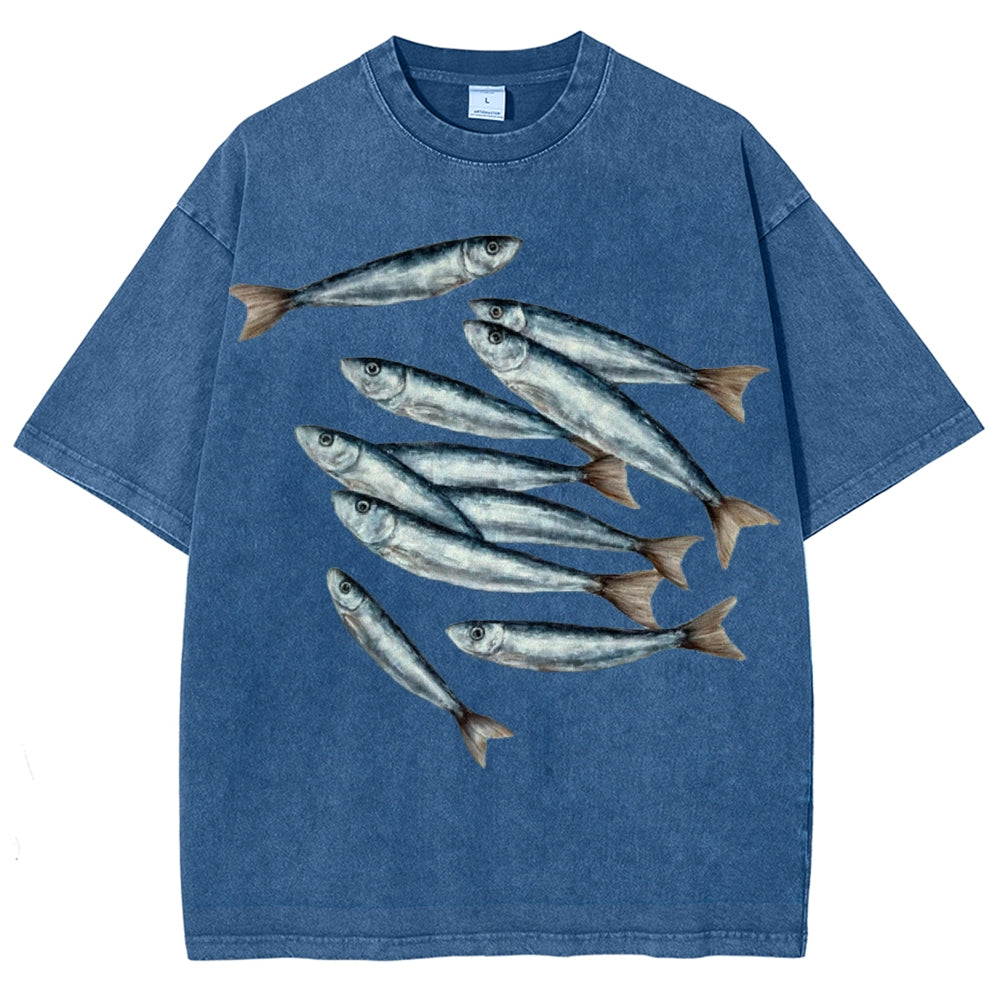 Unisex Sardines Printed Casual Washed T-shirt