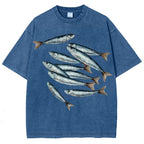 Unisex Sardines Printed Casual Washed T-shirt