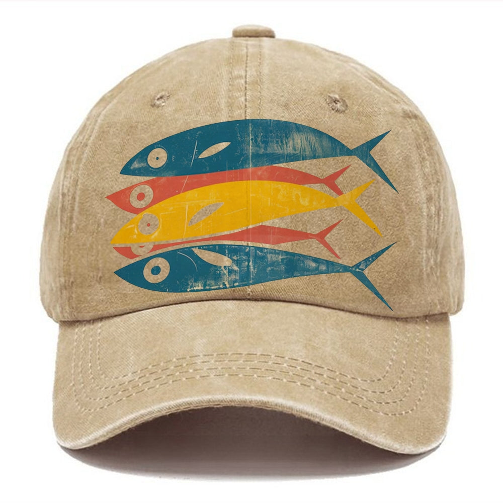 Unisex Vintage Casual Colorful Sardines Printed Washed Cap
