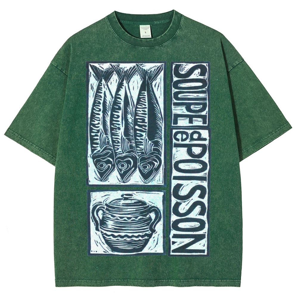 Unisex Sardines Print Washed Tee