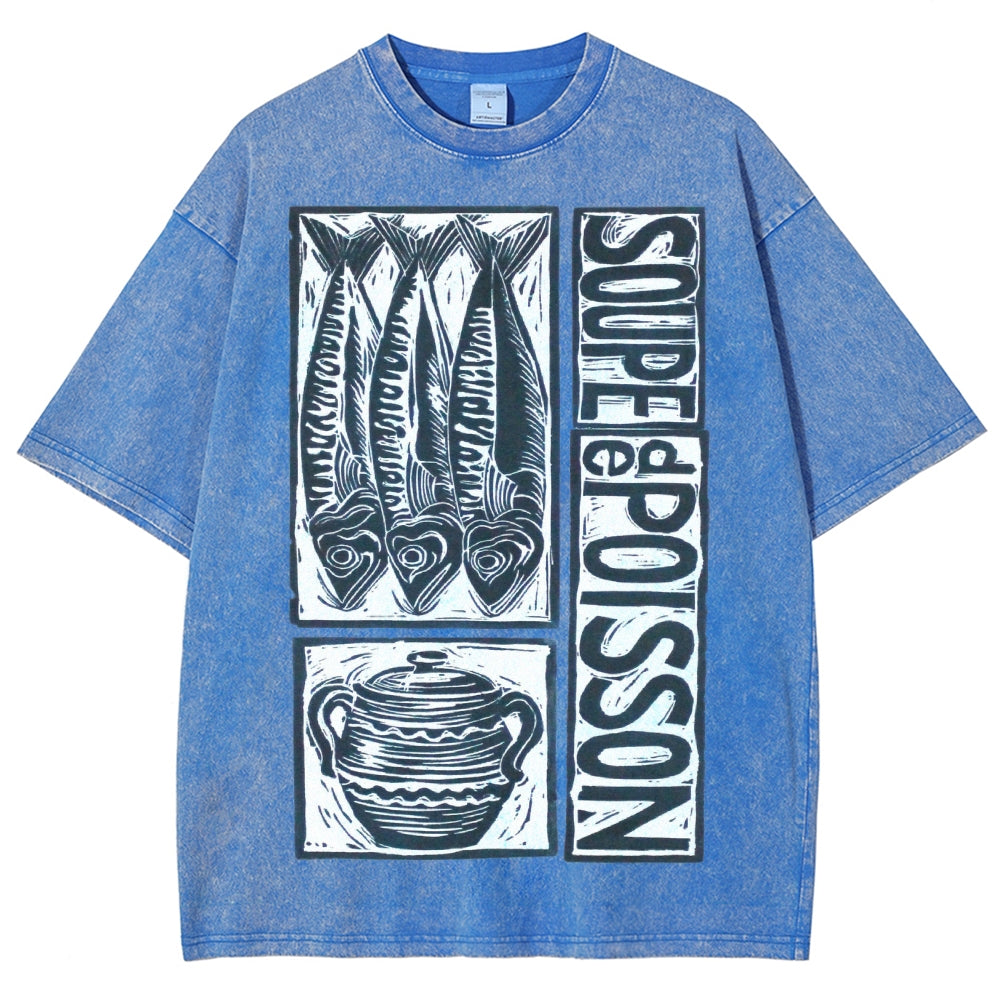 Unisex Sardines Print Washed Tee