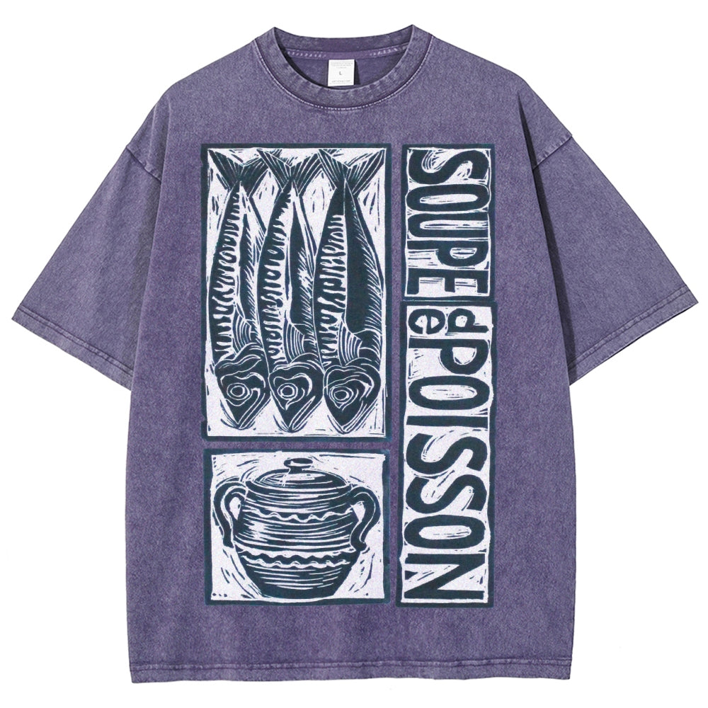 Unisex Sardines Print Washed Tee