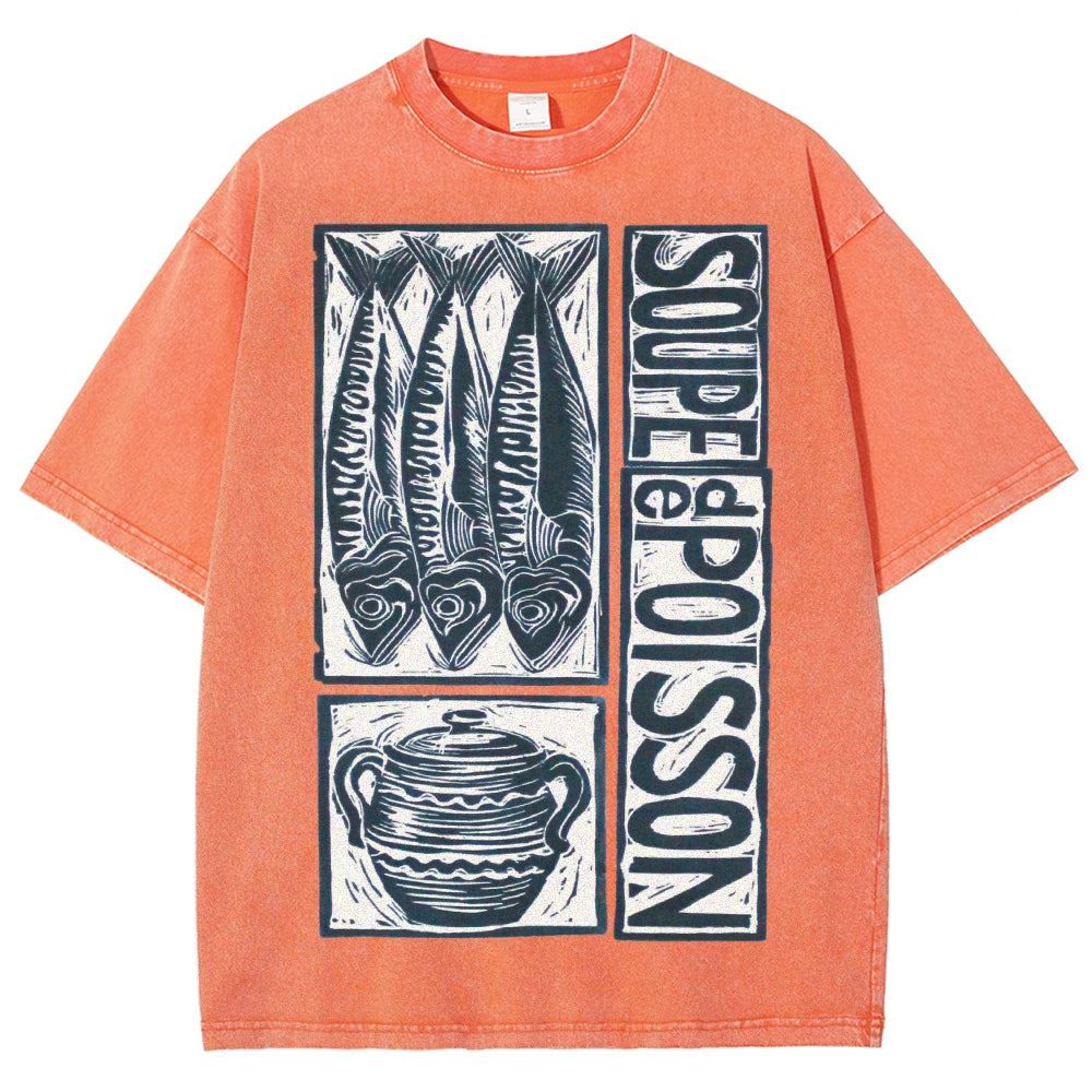 Unisex Sardines Print Washed Tee