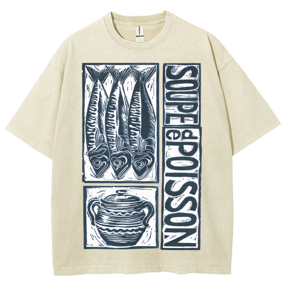 Unisex Sardines Print Washed Tee