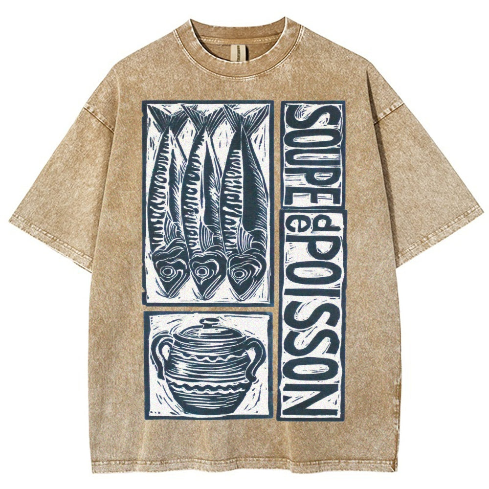 Unisex Sardines Print Washed Tee