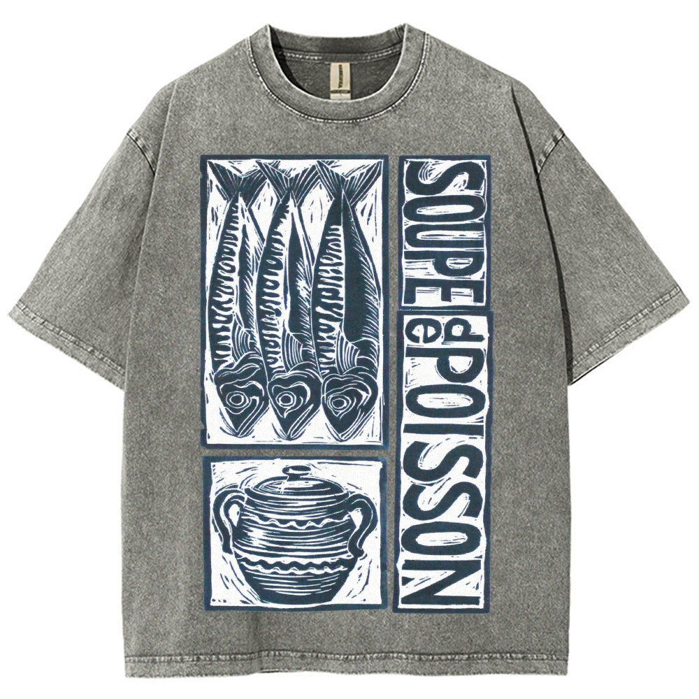 Unisex Sardines Print Washed Tee