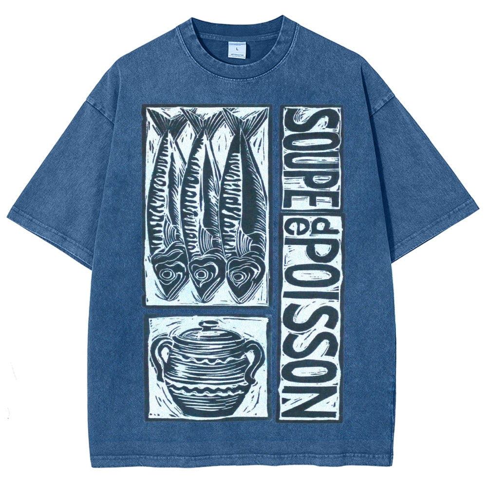 Unisex Sardines Print Washed Tee