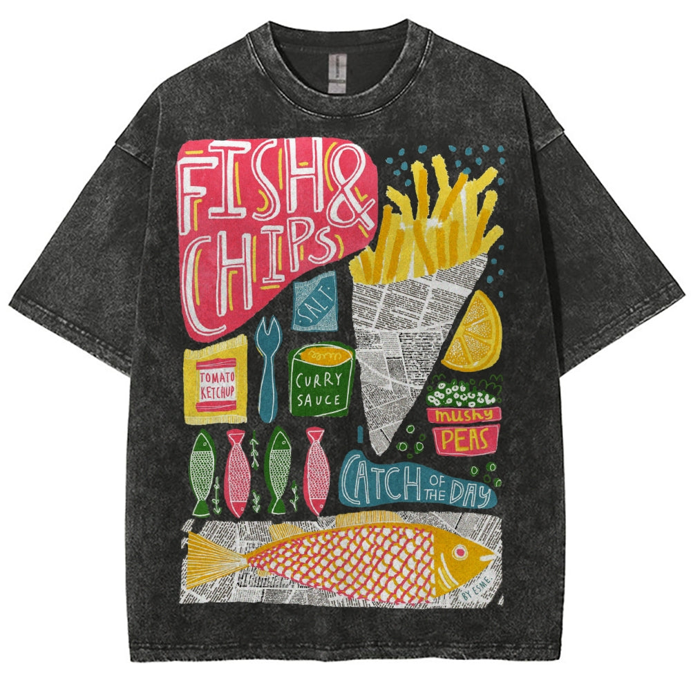 Unisex Fish And Chips Prints Washed Tee