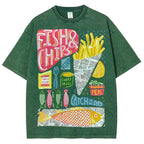 Unisex Fish And Chips Prints Washed Tee
