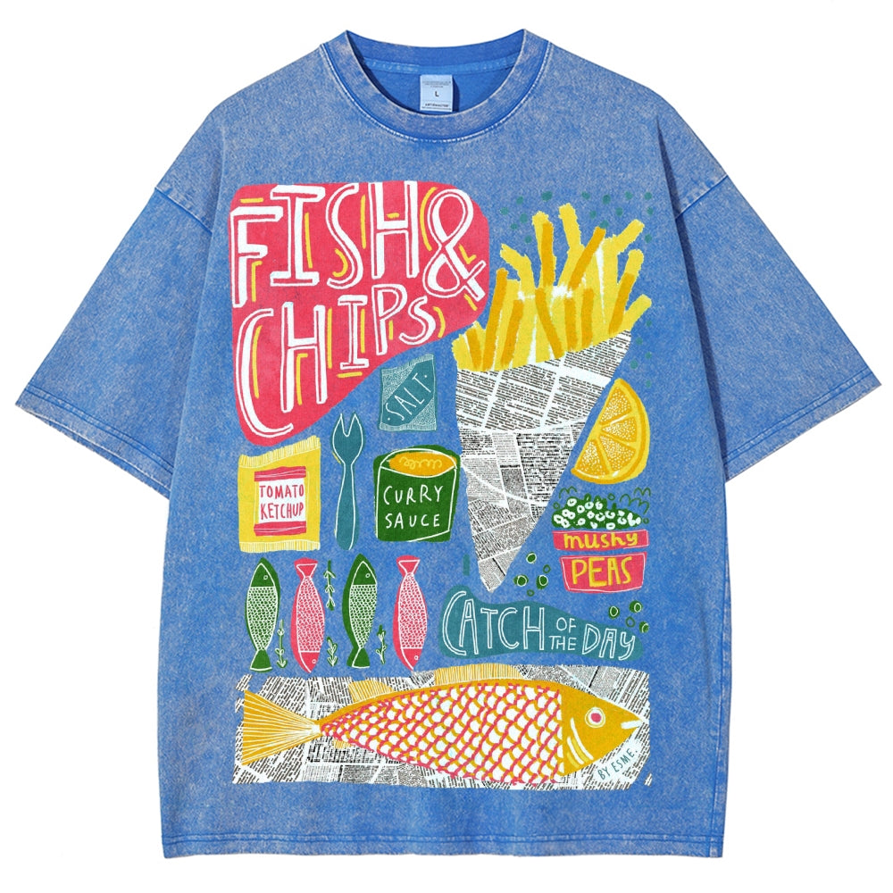 Unisex Fish And Chips Prints Washed Tee