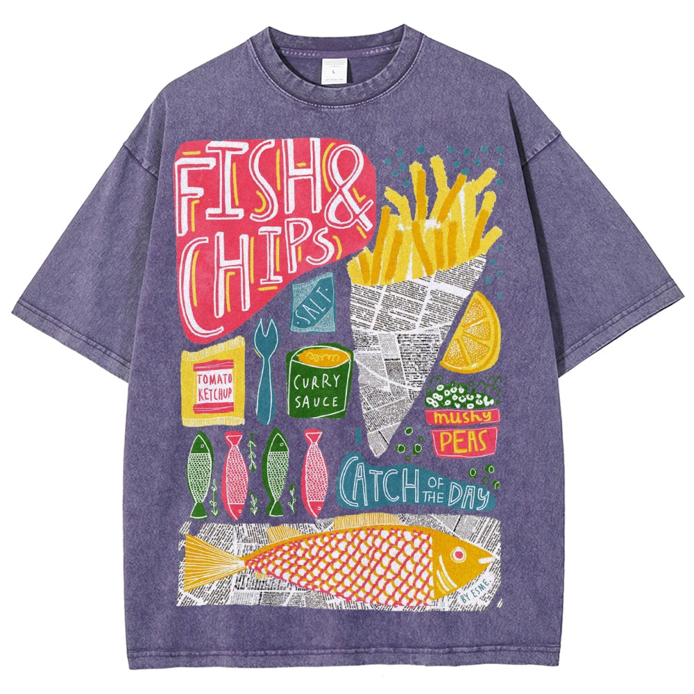 Unisex Fish And Chips Prints Washed Tee