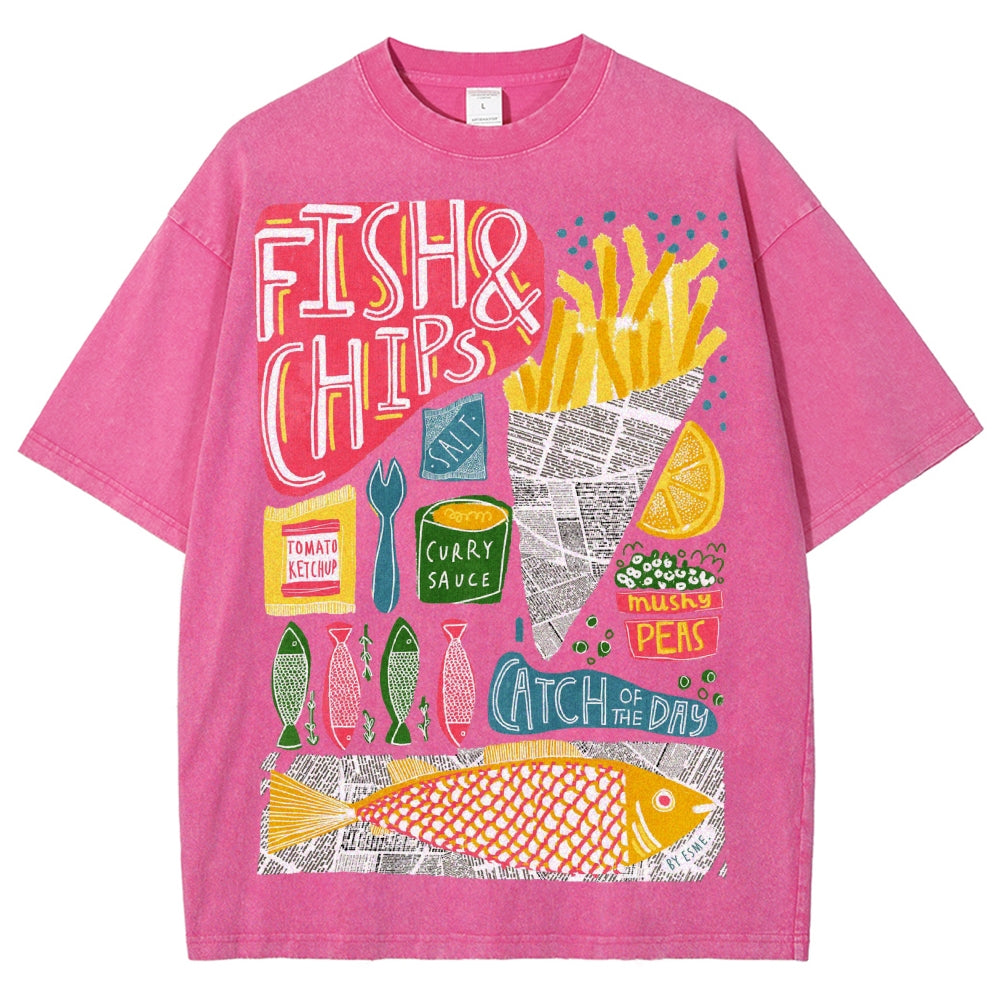 Unisex Fish And Chips Prints Washed Tee
