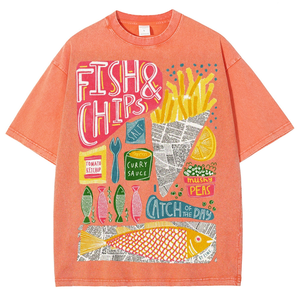 Unisex Fish And Chips Prints Washed Tee