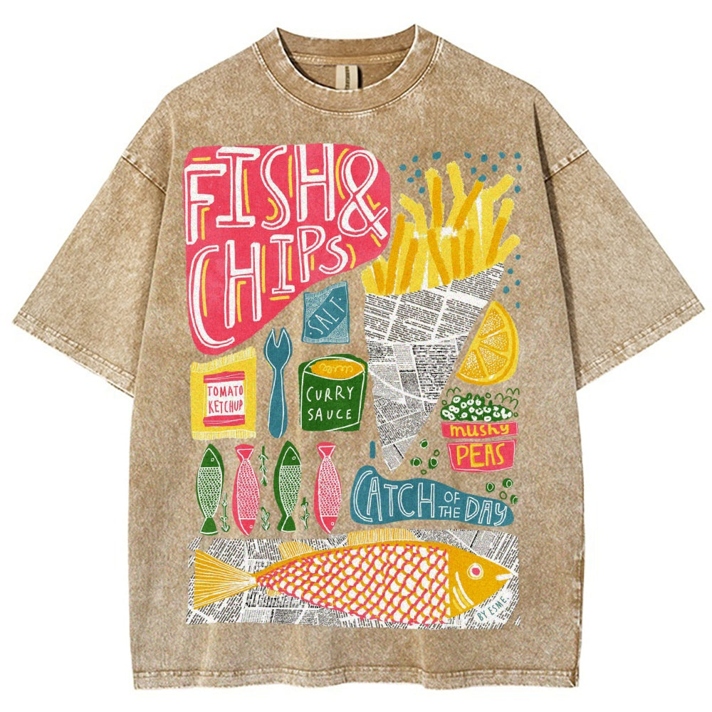 Unisex Fish And Chips Prints Washed Tee