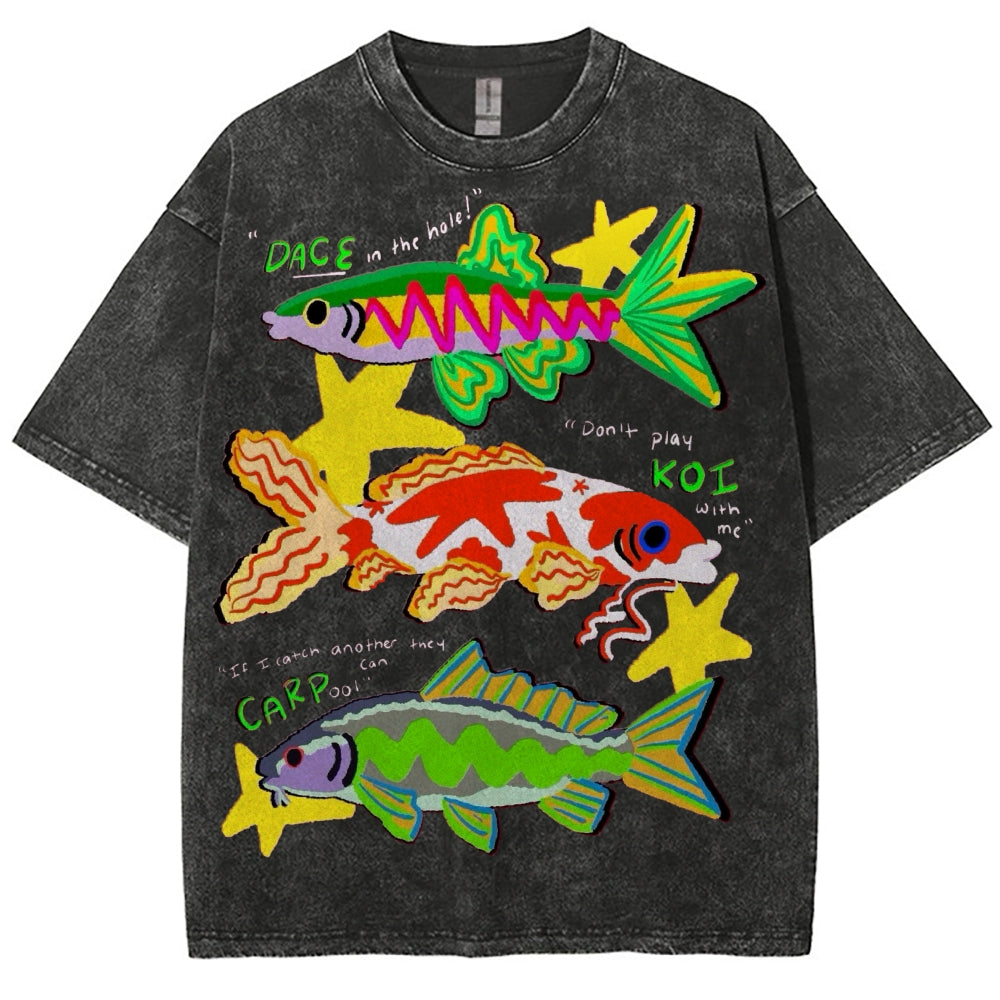 Unisex Colorful Cartoon Fish Washed Tee