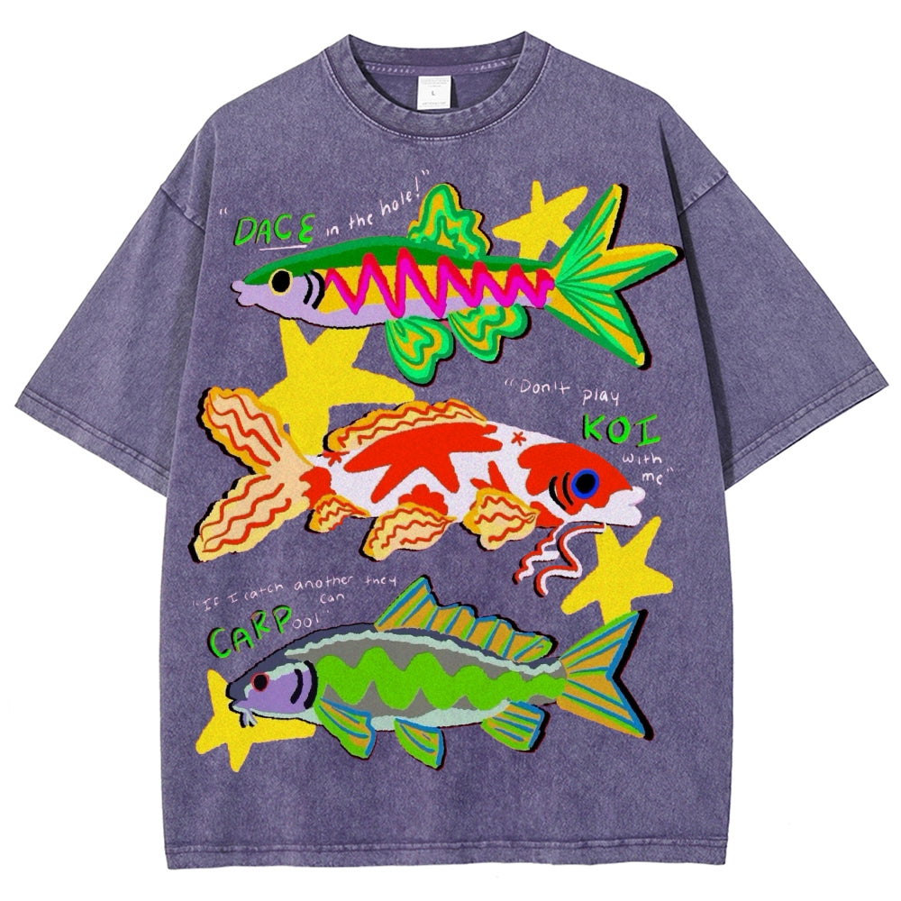 Unisex Colorful Cartoon Fish Washed Tee