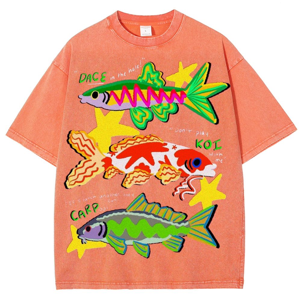 Unisex Colorful Cartoon Fish Washed Tee