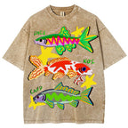 Unisex Colorful Cartoon Fish Washed Tee
